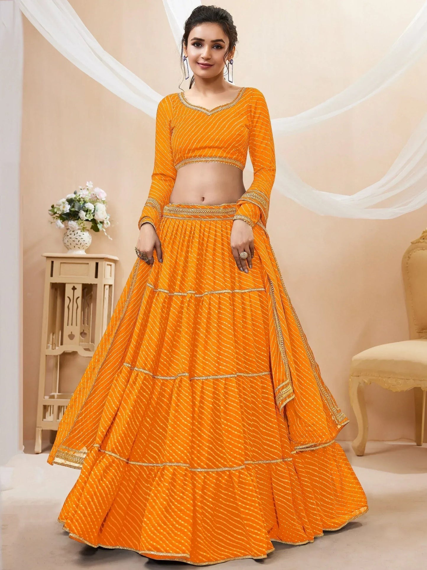 Tulsi Art Stunning Yellow Leheriya Printed Georgette Haldi Wear Lehenga Choli