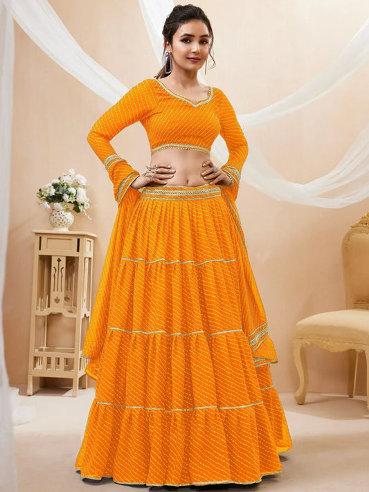 Tulsi Art Stunning Yellow Leheriya Printed Georgette Haldi Wear Lehenga Choli