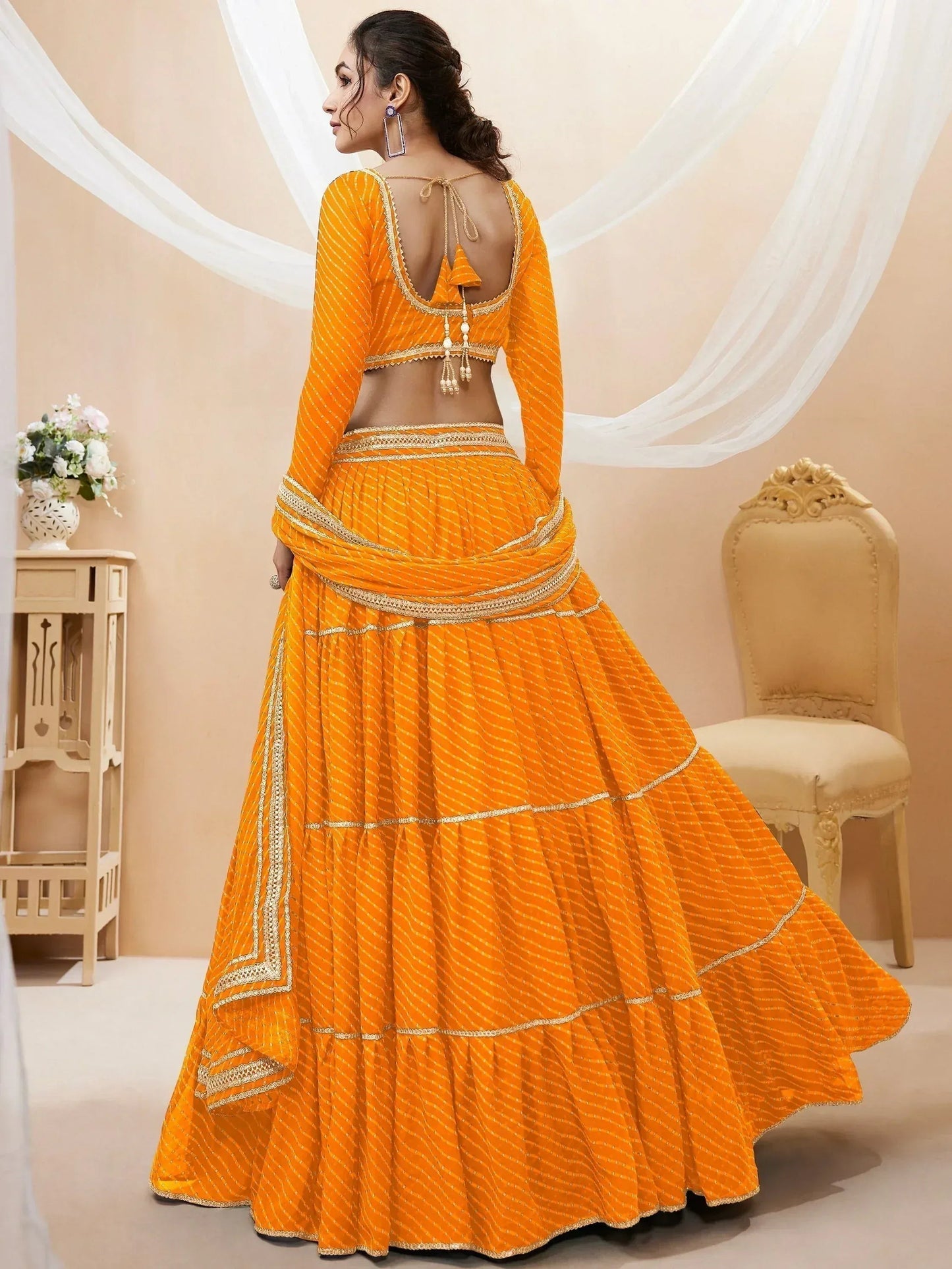 Tulsi Art Stunning Yellow Leheriya Printed Georgette Haldi Wear Lehenga Choli