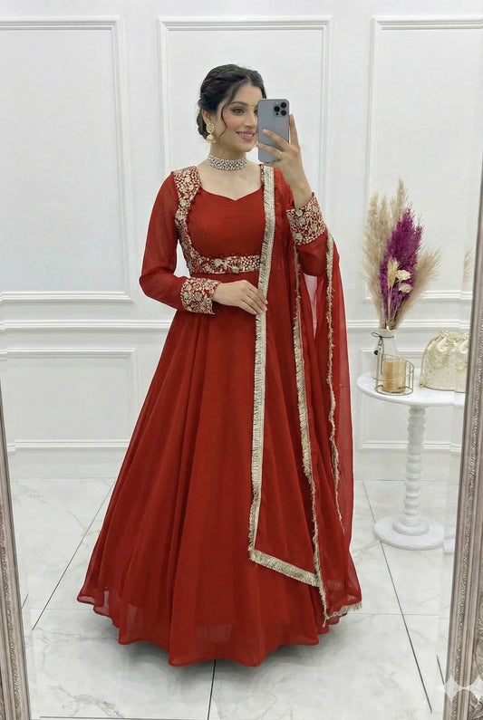 Yash Enterprise Dark Orange Georgette Party Wear Anarkali Suit Set