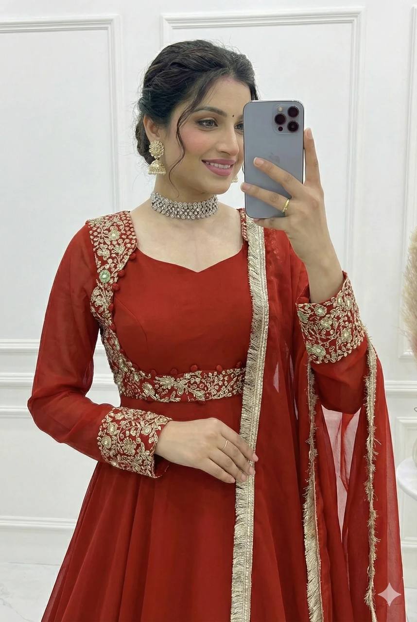 Yash Enterprise Dark Orange Georgette Party Wear Anarkali Suit Set