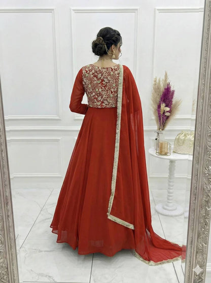 Yash Enterprise Dark Orange Georgette Party Wear Anarkali Suit Set