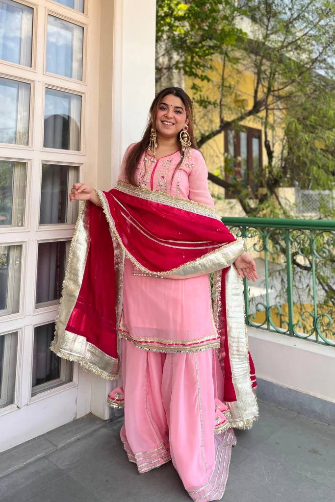 Yash Enterprise Pink Organza Silk Party Wear Embroidery Sharara Suit Set
