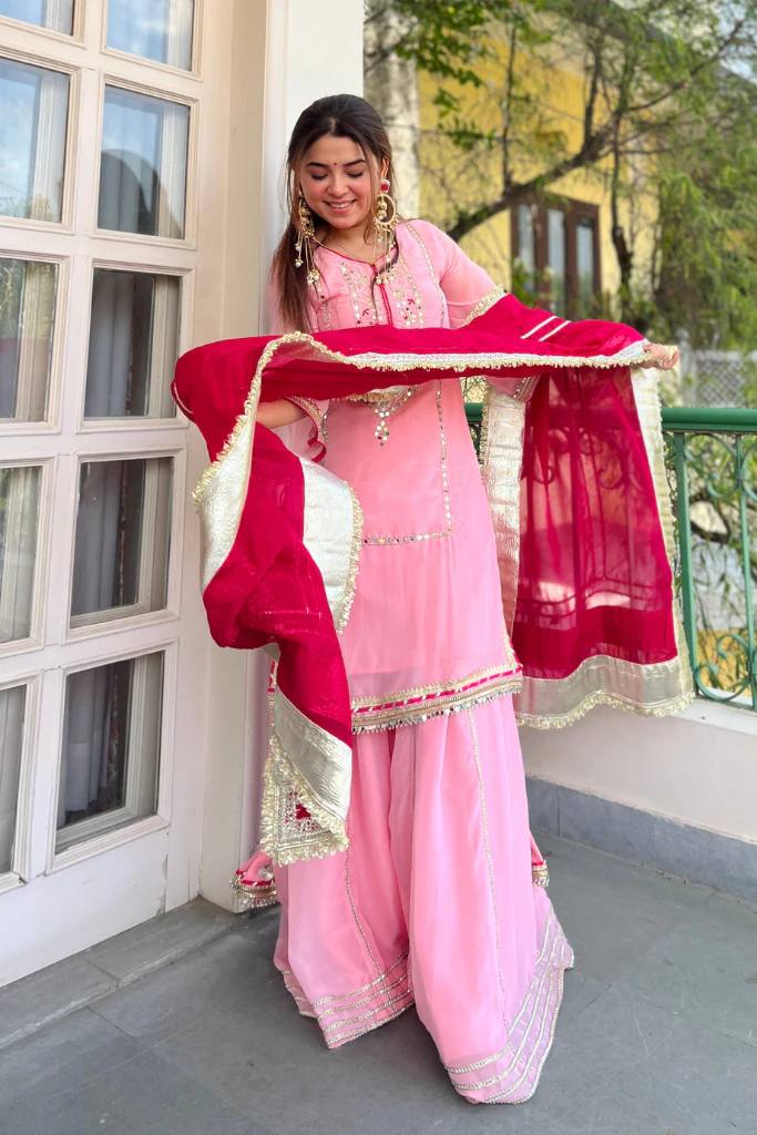 Yash Enterprise Pink Organza Silk Party Wear Embroidery Sharara Suit Set