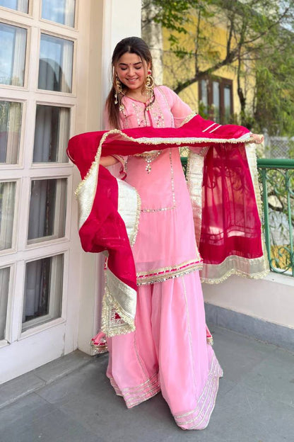 Yash Enterprise Pink Organza Silk Party Wear Embroidery Sharara Suit Set