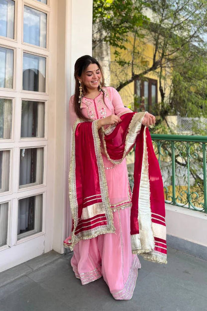 Yash Enterprise Pink Organza Silk Party Wear Embroidery Sharara Suit Set