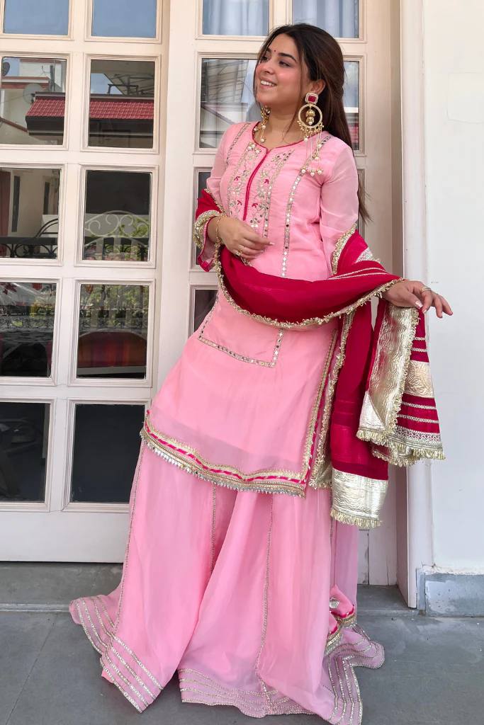 Yash Enterprise Pink Organza Silk Party Wear Embroidery Sharara Suit Set