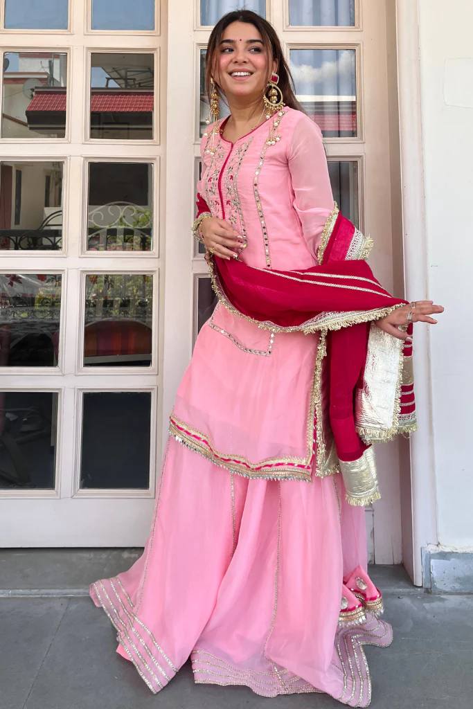 Yash Enterprise Pink Organza Silk Party Wear Embroidery Sharara Suit Set