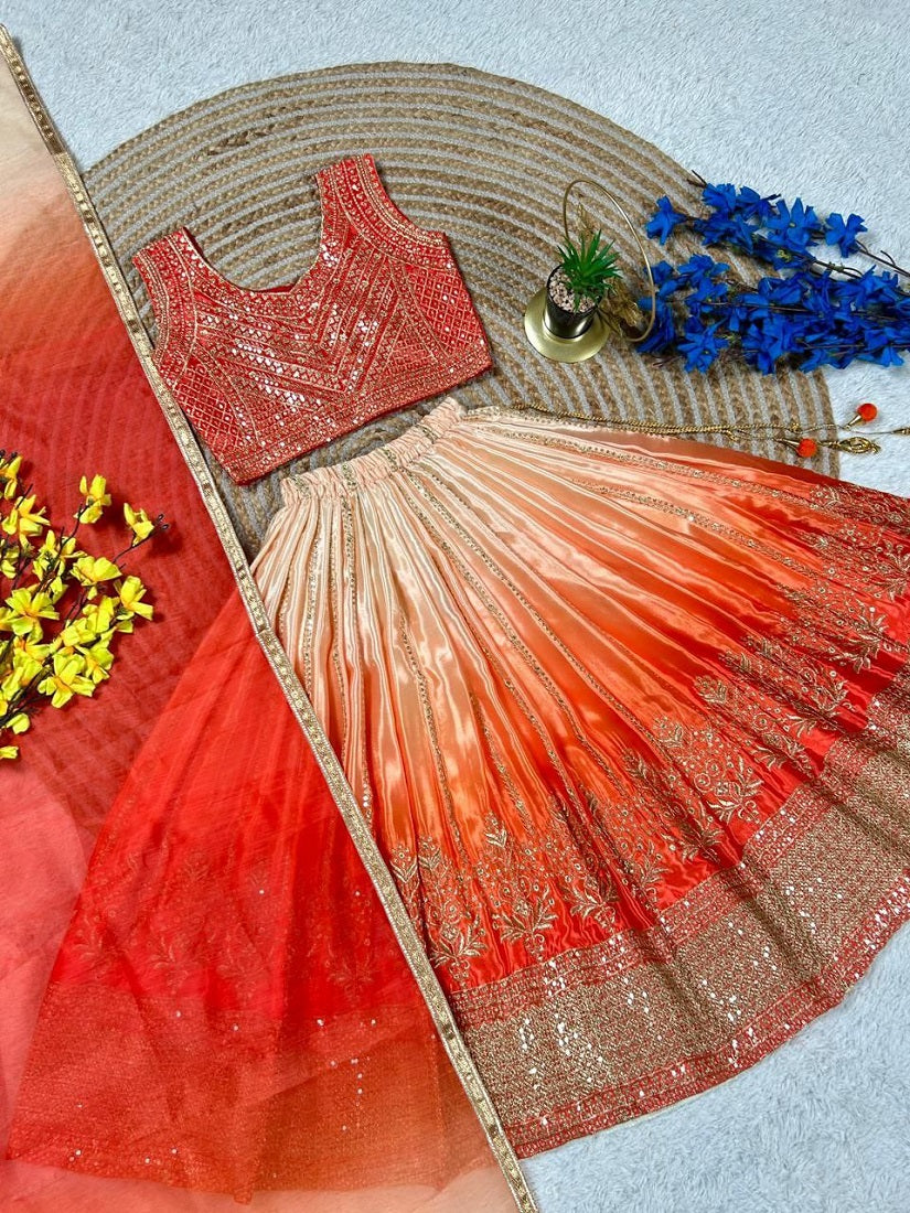 Evanik Orange Designer Chinon Silk Embroidered Work Wedding Lehenga Choli For Kids