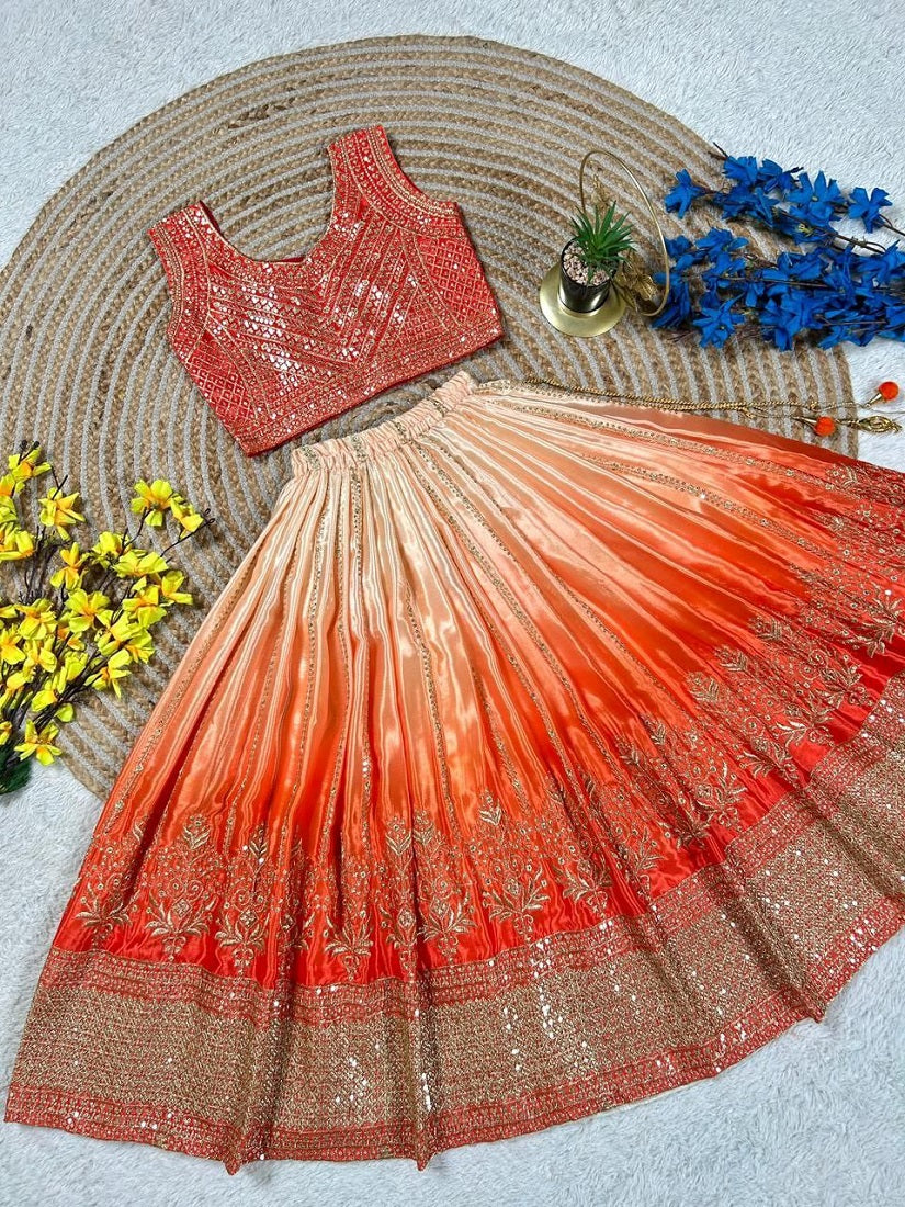 Evanik Orange Designer Chinon Silk Embroidered Work Wedding Lehenga Choli For Kids