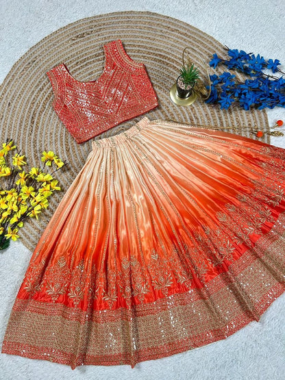 Evanik Orange Designer Chinon Silk Embroidered Work Wedding Lehenga Choli For Kids