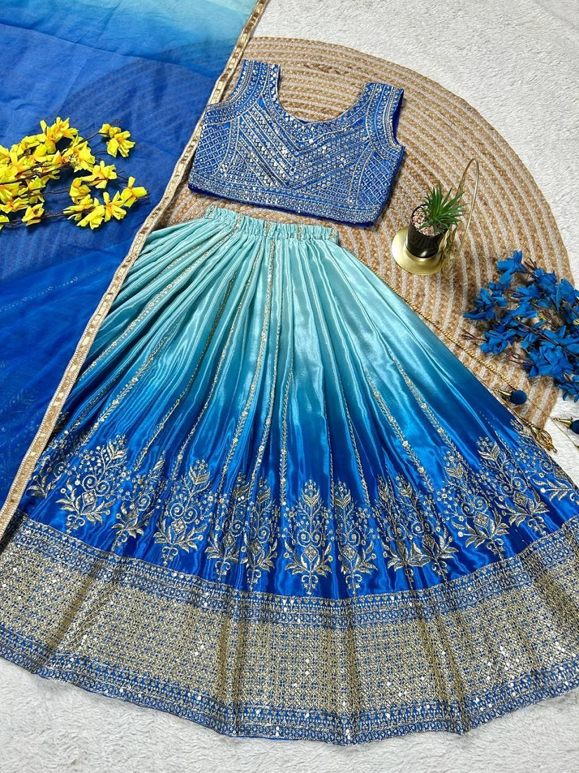 Evanik Blue Designer Chinon Silk Embroidered Work Wedding Lehenga Choli For Kids