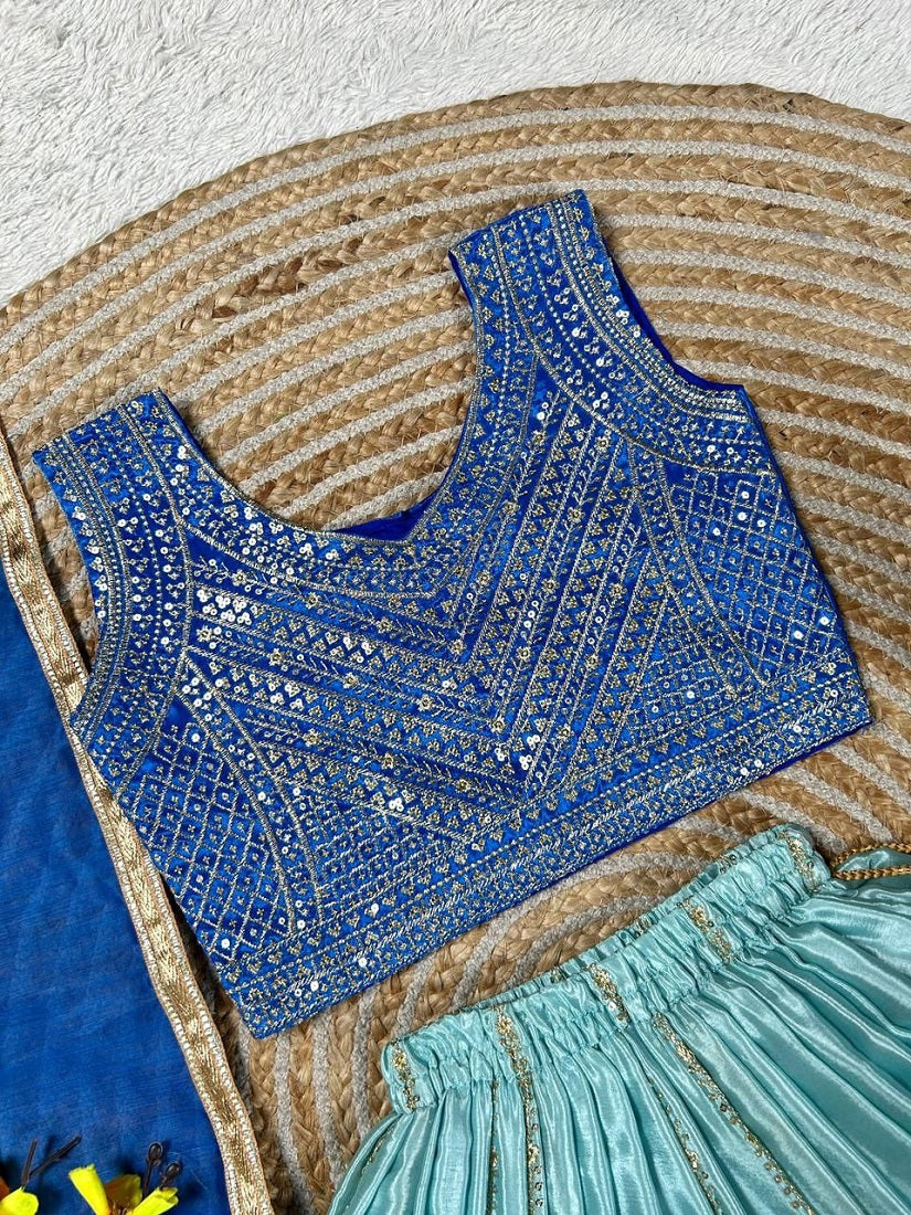 Evanik Blue Designer Chinon Silk Embroidered Work Wedding Lehenga Choli For Kids