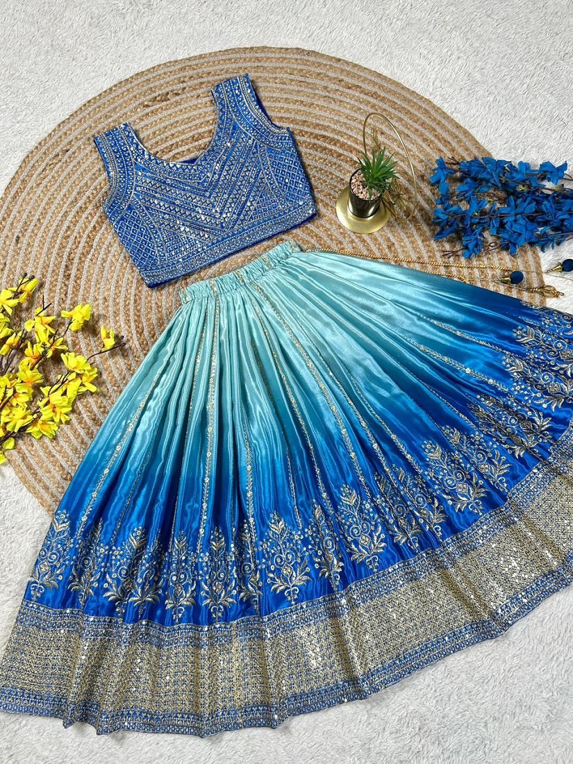 Evanik Blue Designer Chinon Silk Embroidered Work Wedding Lehenga Choli For Kids