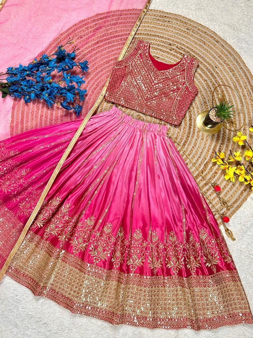 Evanik Pink Designer Chinon Silk Embroidered Work Wedding Lehenga Choli For Kids