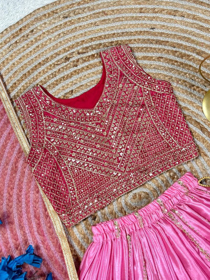 Evanik Pink Designer Chinon Silk Embroidered Work Wedding Lehenga Choli For Kids