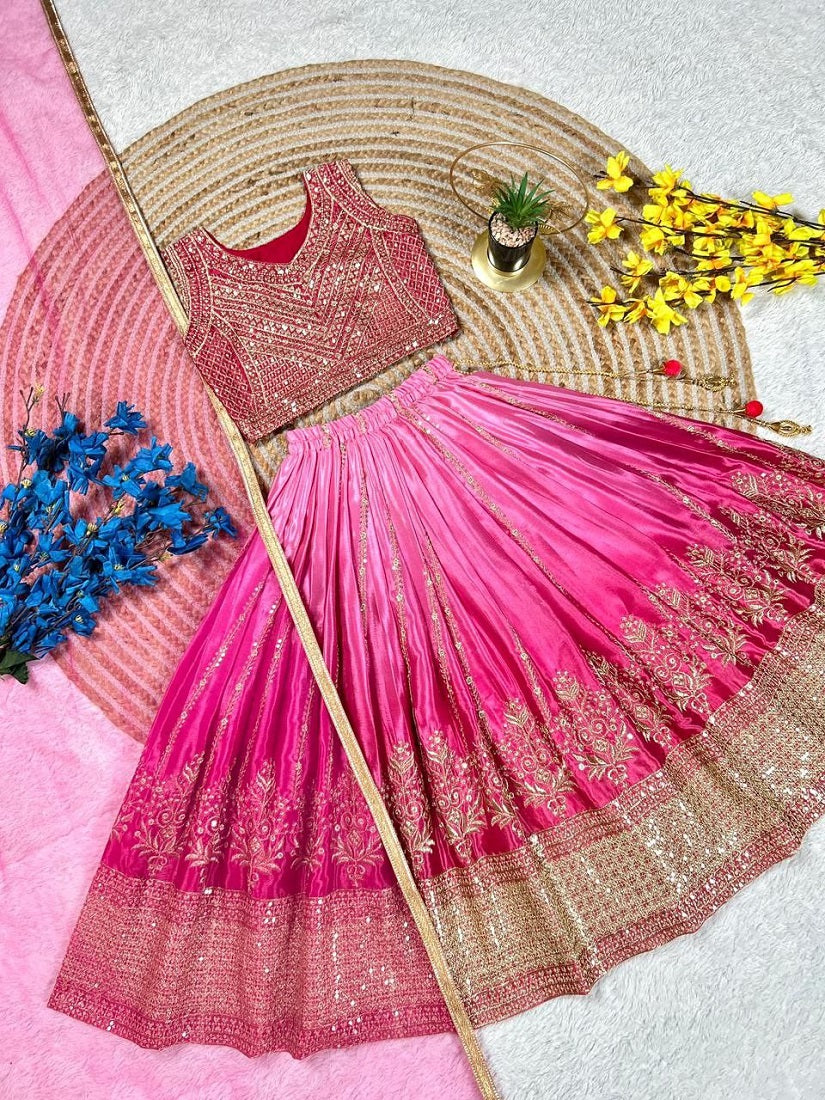 Evanik Pink Designer Chinon Silk Embroidered Work Wedding Lehenga Choli For Kids