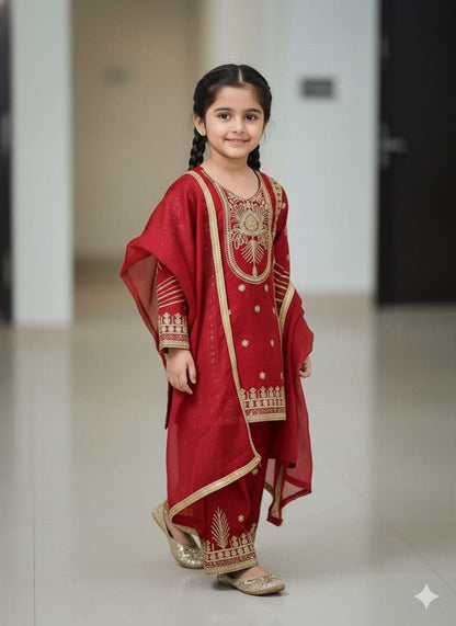 Evanik Red Embroidered Sequence Work Fendy Silk Kids Kurta Set