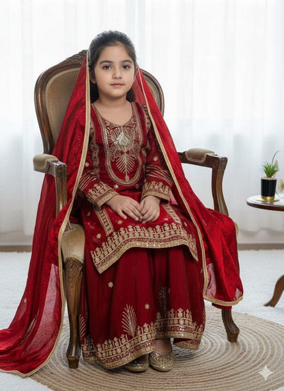 Evanik Red Embroidered Sequence Work Fendy Silk Kids Kurta Set