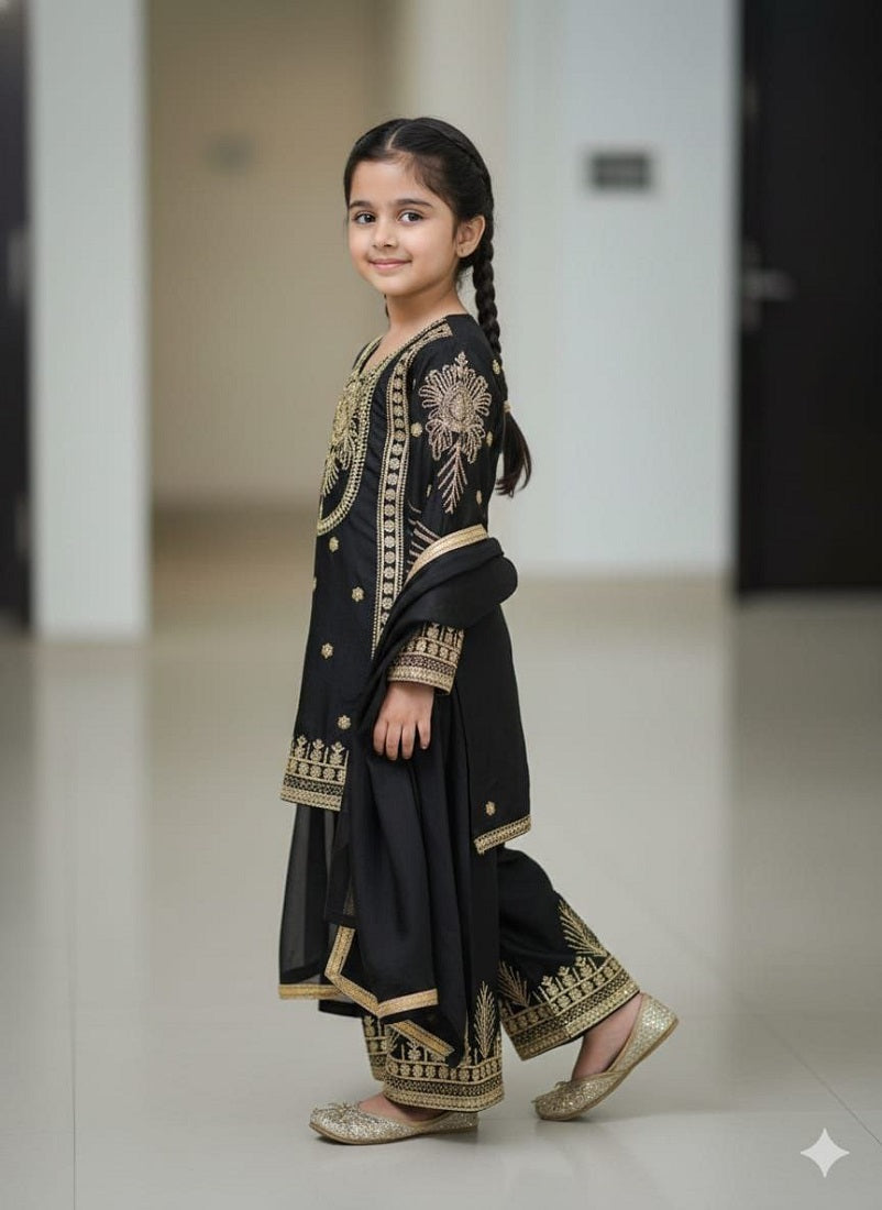 Evanik Black Embroidered Sequence Work Fendy Silk Kids Kurta Set