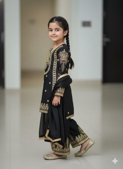 Evanik Black Embroidered Sequence Work Fendy Silk Kids Kurta Set