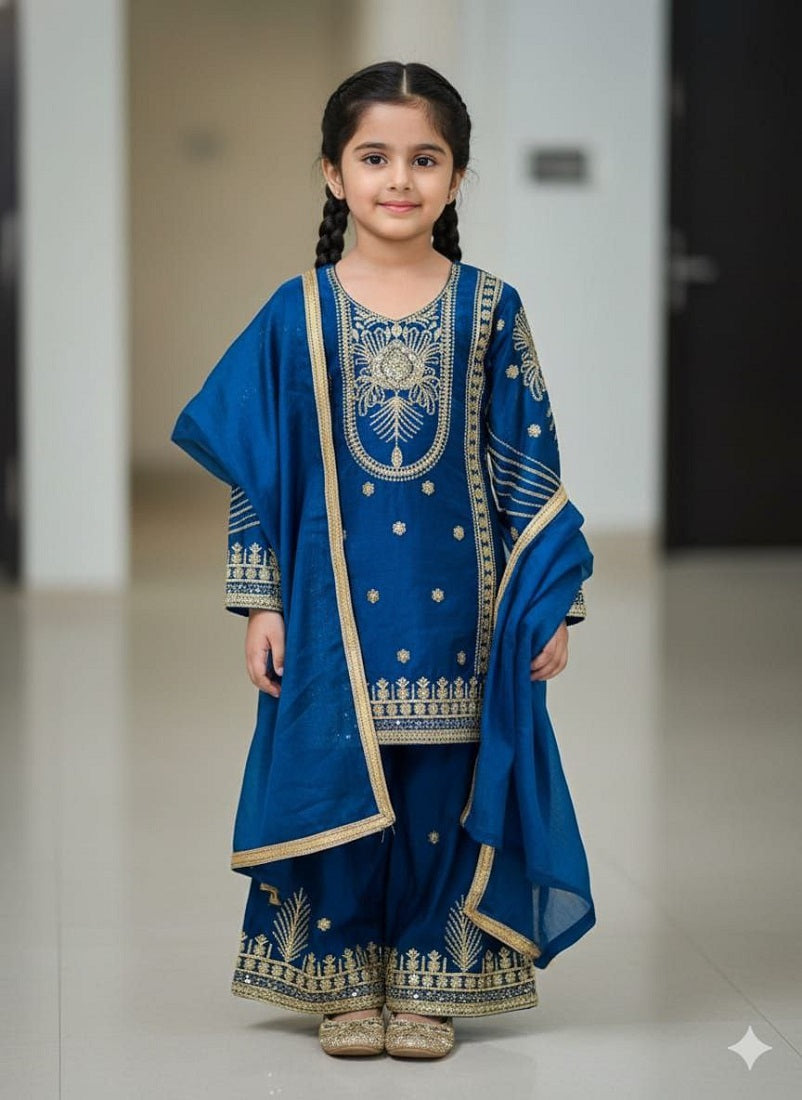 Evanik Blue Embroidered Sequence Work Fendy Silk Kids Kurta Set