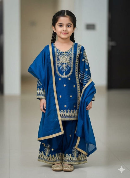 Evanik Blue Embroidered Sequence Work Fendy Silk Kids Kurta Set