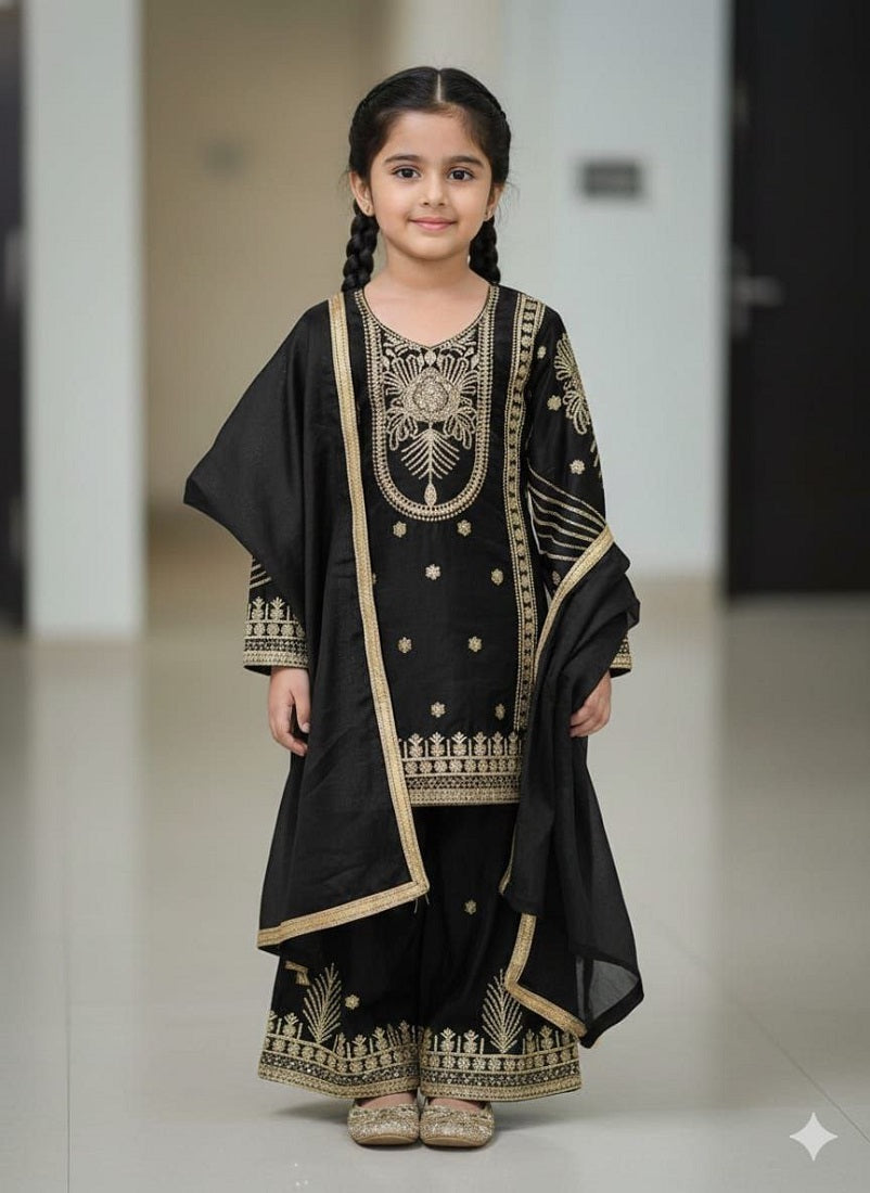 Evanik Black Embroidered Sequence Work Fendy Silk Kids Kurta Set