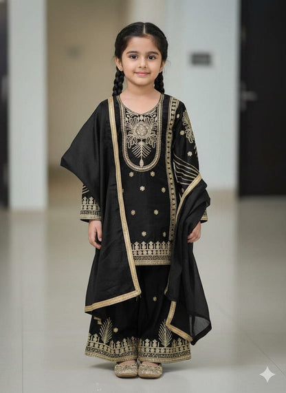 Evanik Black Embroidered Sequence Work Fendy Silk Kids Kurta Set