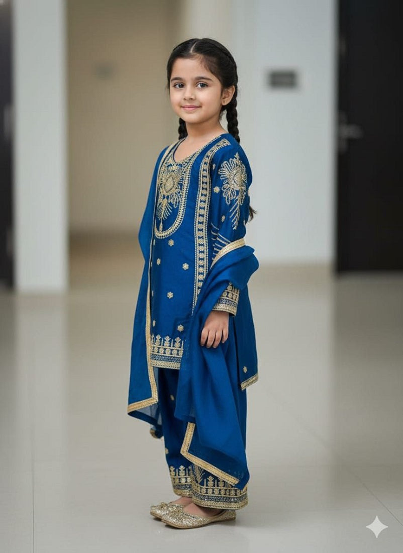 Evanik Blue Embroidered Sequence Work Fendy Silk Kids Kurta Set