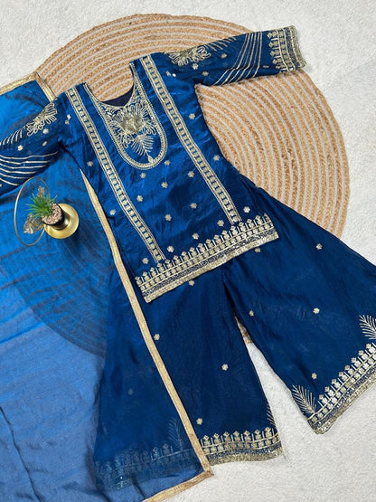 Evanik Blue Embroidered Sequence Work Fendy Silk Kids Kurta Set