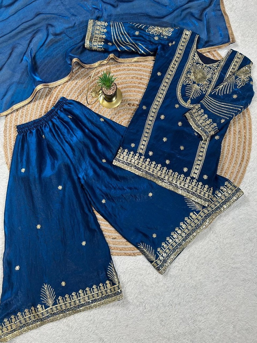 Evanik Blue Embroidered Sequence Work Fendy Silk Kids Kurta Set
