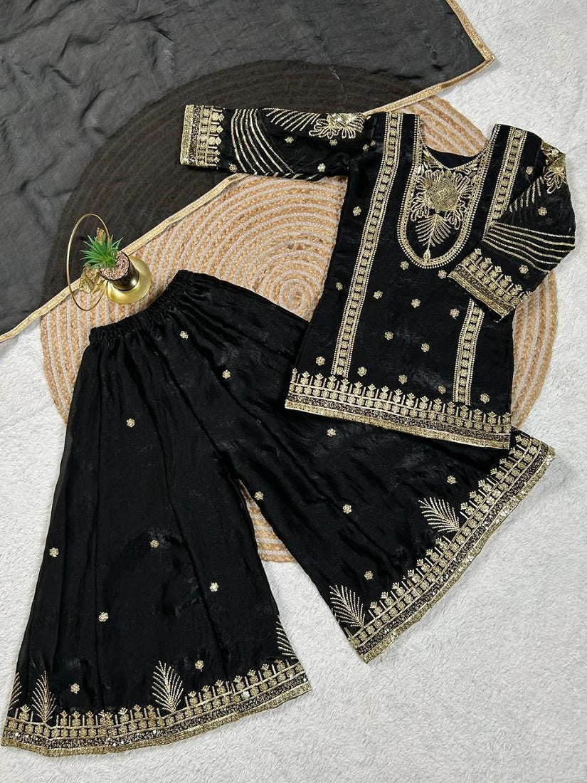 Evanik Black Embroidered Sequence Work Fendy Silk Kids Kurta Set