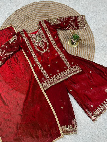 Evanik Red Embroidered Sequence Work Fendy Silk Kids Kurta Set