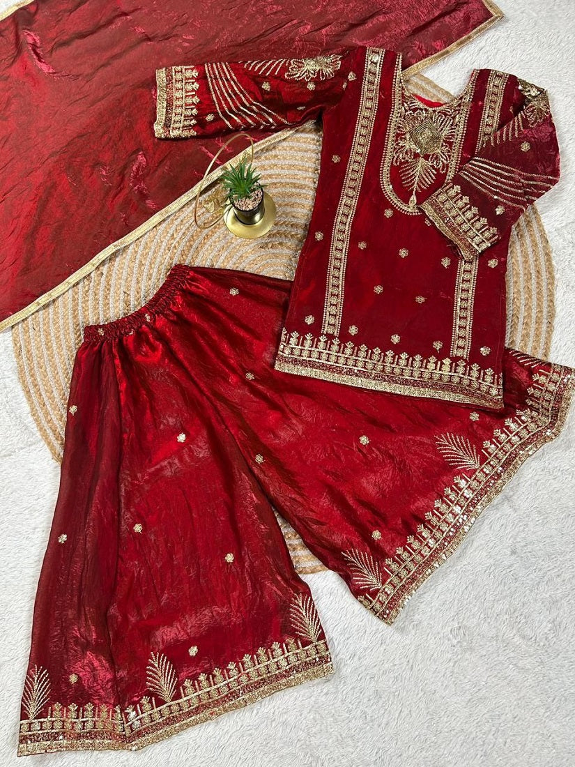 Evanik Red Embroidered Sequence Work Fendy Silk Kids Kurta Set