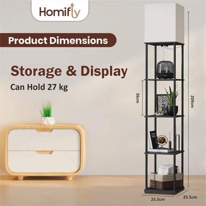 LED Floor Lamp with 3 Color Modes, Metal & Wooden Shelves, 209 cm Tall, Black