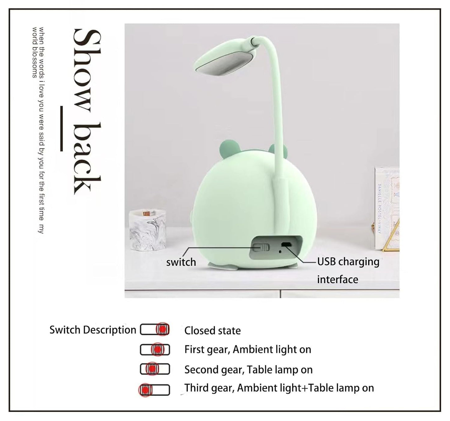 LED Desk Lamp with Eye Protection - Rechargeable, Portable, 2 Lighting Modes, Yellow Plastic, Cute Design