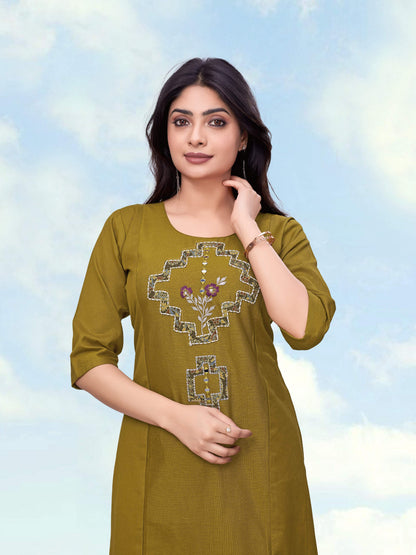 Monjolika Fashion Olive Green Cotton Flex Casual Regular Fit Kurti With Pant