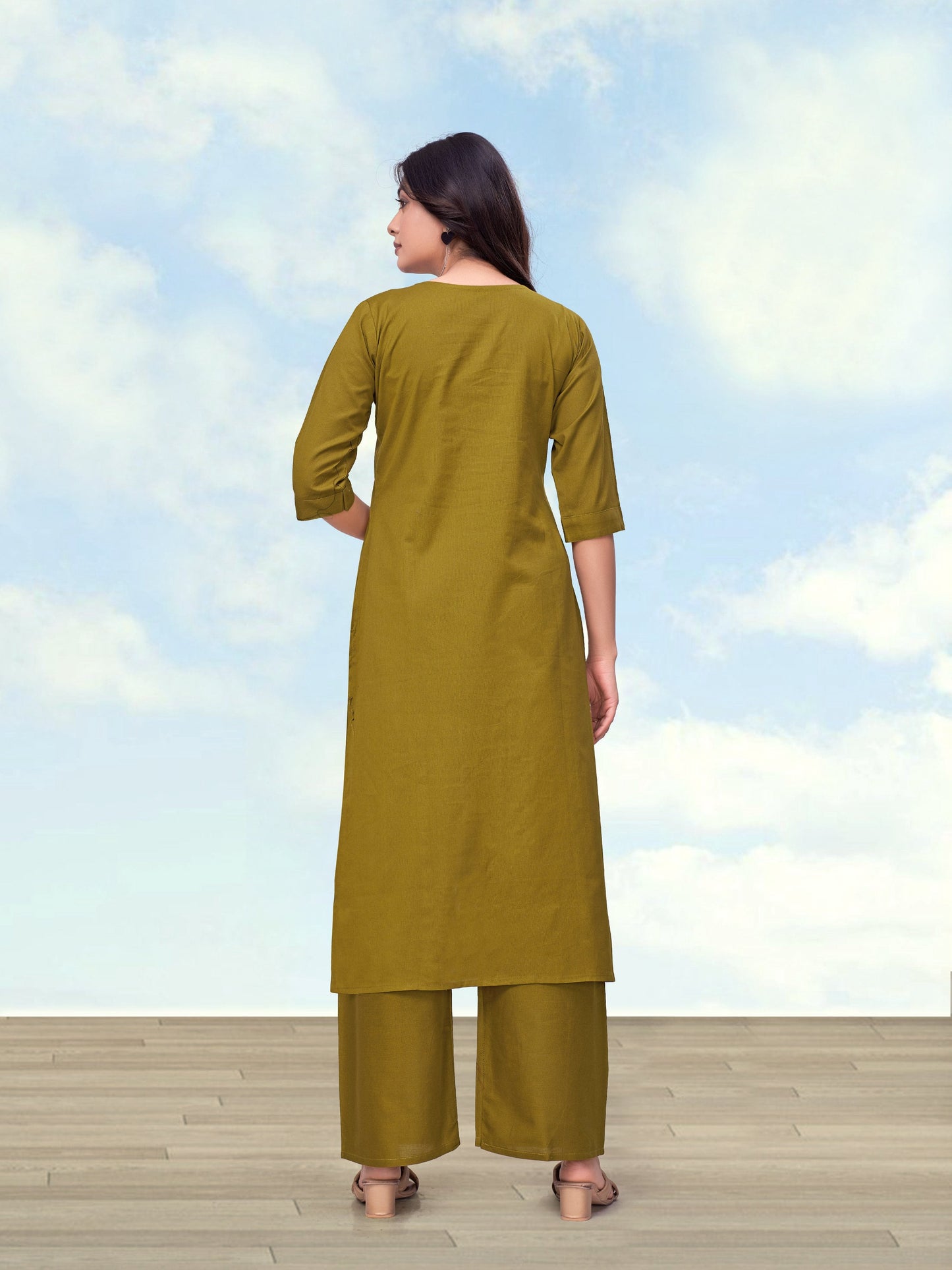 Monjolika Fashion Olive Green Cotton Flex Casual Regular Fit Kurti With Pant