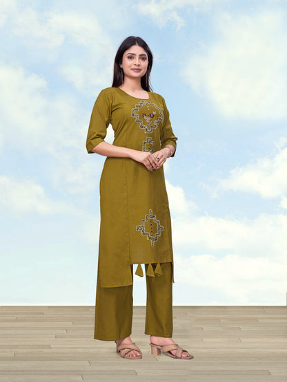 Monjolika Fashion Olive Green Cotton Flex Casual Regular Fit Kurti With Pant
