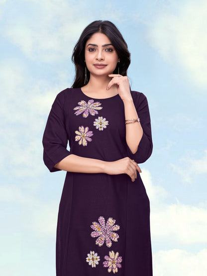 Monjolika Fashion Dark Purple Cotton Flex Embroidered Work Kurta Pant