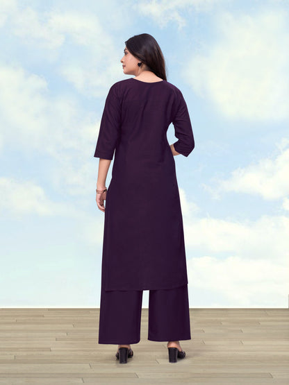 Monjolika Fashion Dark Purple Cotton Flex Embroidered Work Kurta Pant