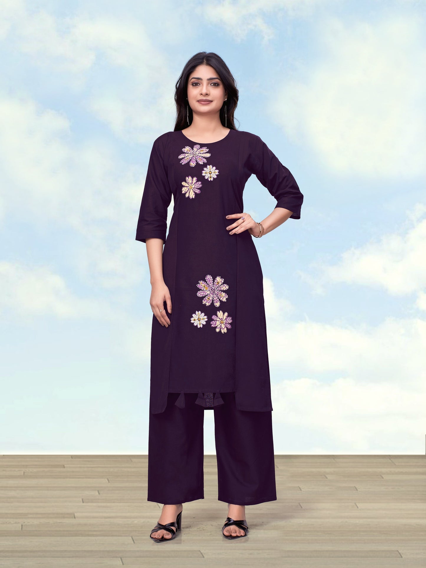 Monjolika Fashion Dark Purple Cotton Flex Embroidered Work Kurta Pant