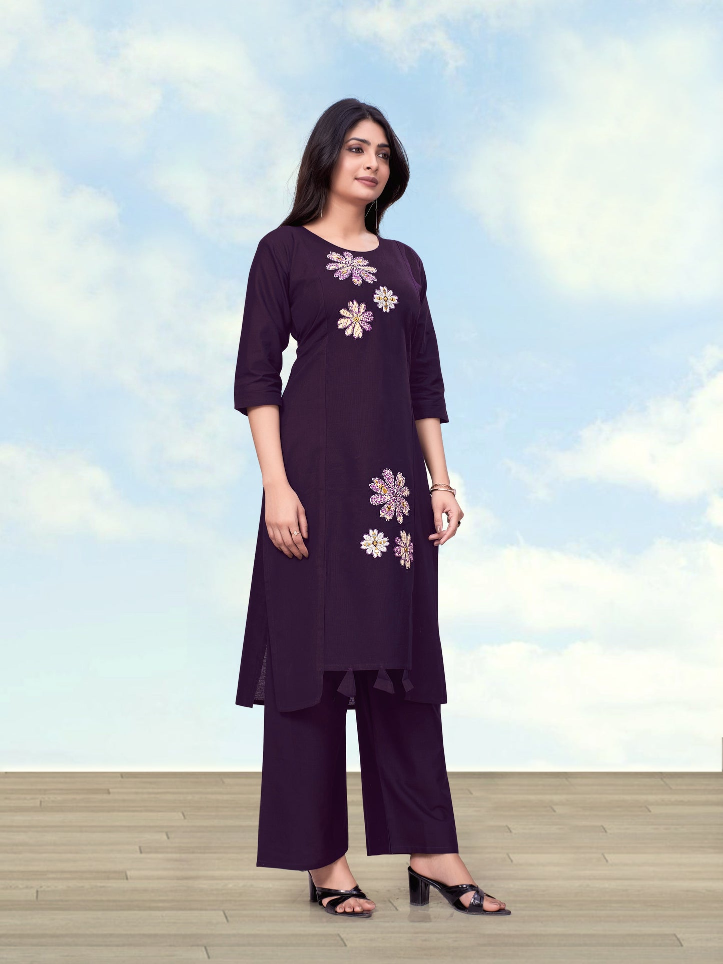 Monjolika Fashion Dark Purple Cotton Flex Embroidered Work Kurta Pant