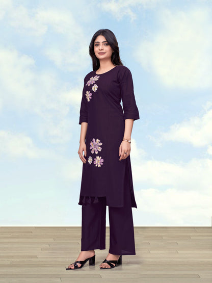 Monjolika Fashion Dark Purple Cotton Flex Embroidered Work Kurta Pant