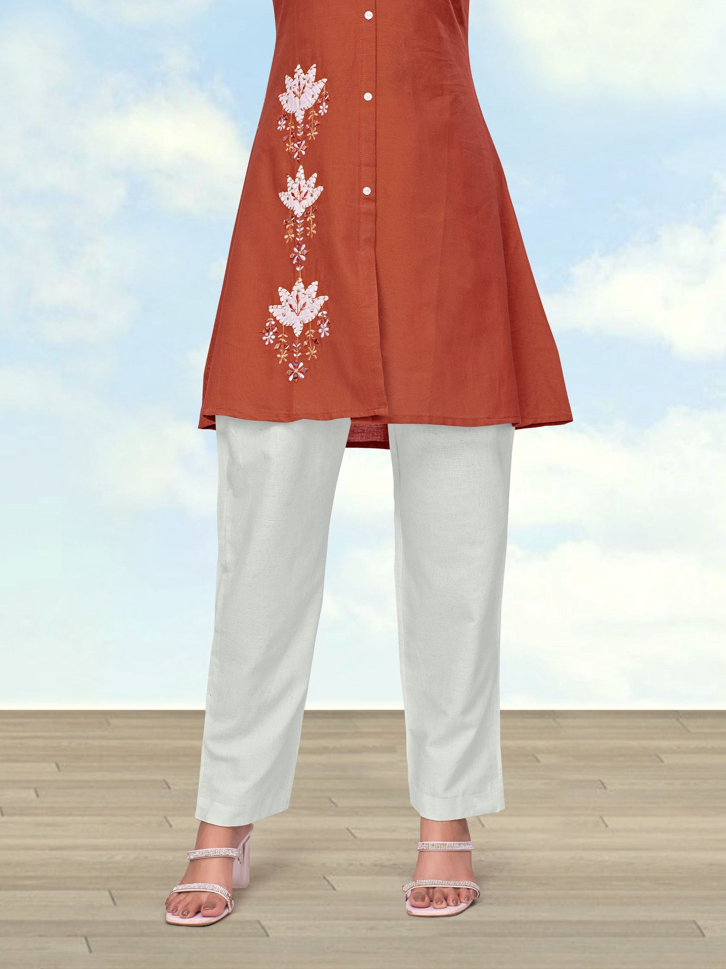 Monjolika Fashion Rust Color Cotton Flex Embroidered Work Kurta Set