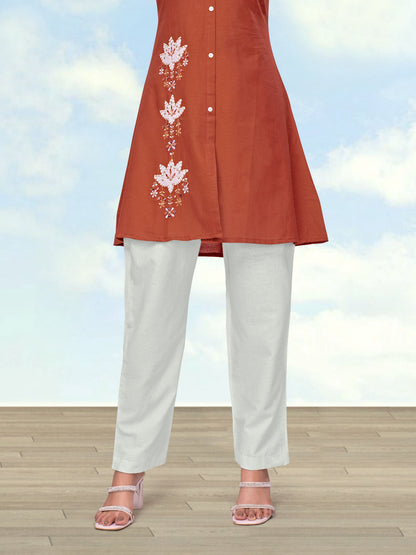 Monjolika Fashion Rust Color Cotton Flex Embroidered Work Kurta Set