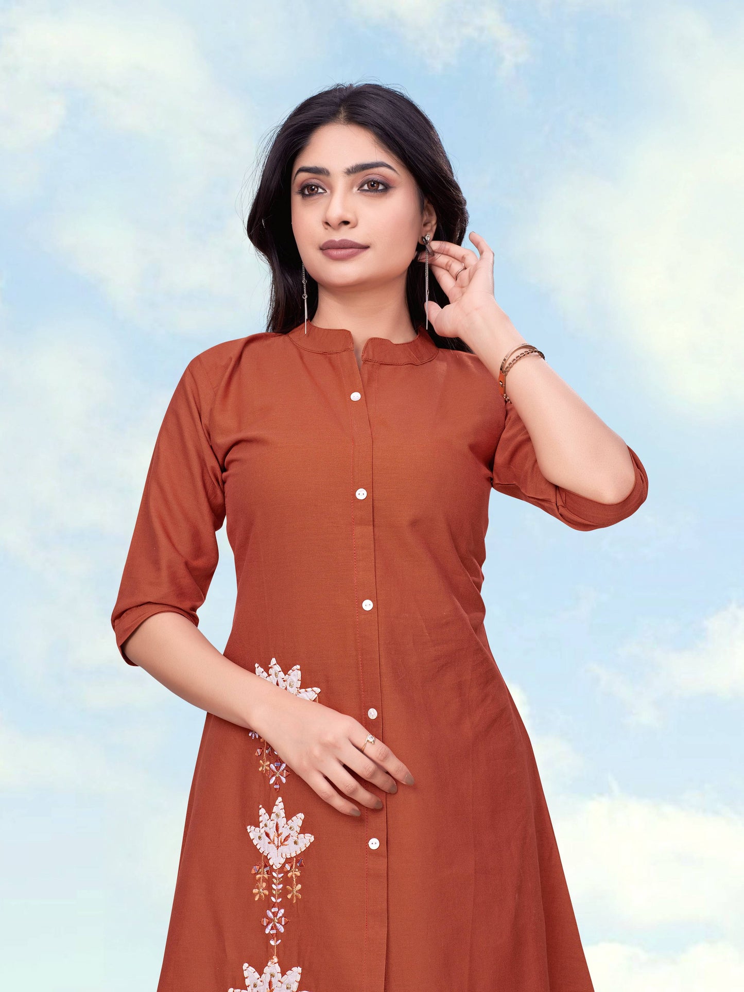 Monjolika Fashion Rust Color Cotton Flex Embroidered Work Kurta Set