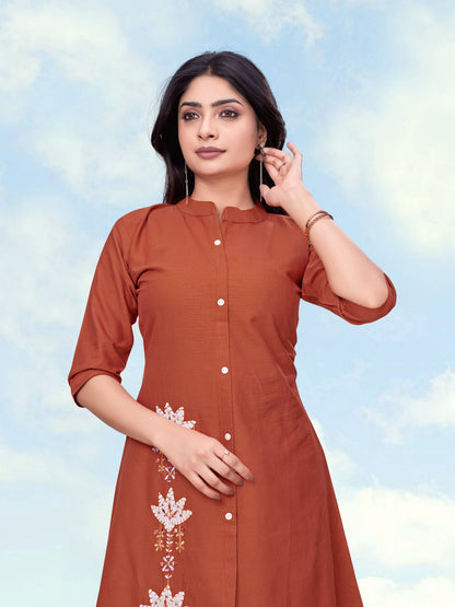 Monjolika Fashion Rust Color Cotton Flex Embroidered Work Kurta Set