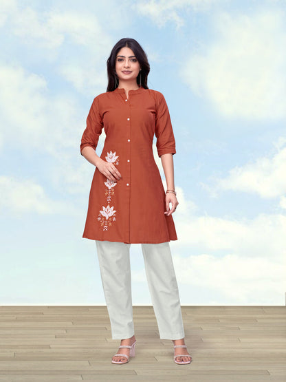 Monjolika Fashion Rust Color Cotton Flex Embroidered Work Kurta Set